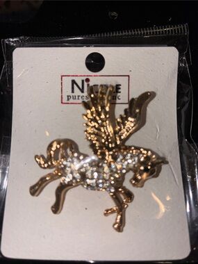 Gold Pegasus Brooch with Clear Rhinestones
